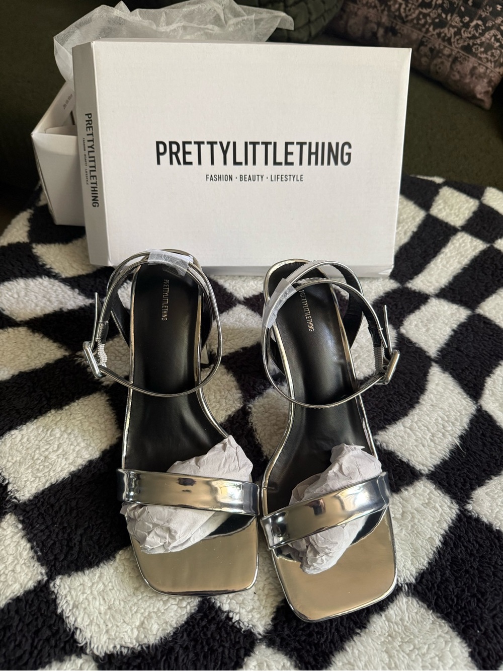 PRETTYLITTLETHING Silver Mirrored Strappy Block Heel Sandals